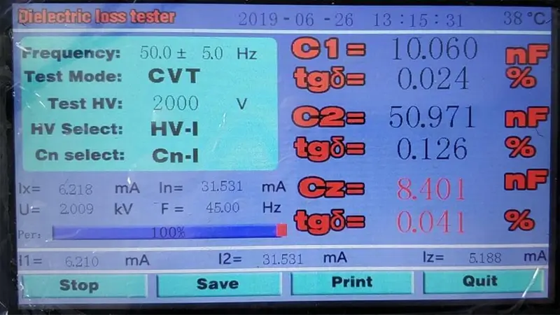 CVT self-excitation method test result interface (Automatically calculates and displays C1, C2, total equipment capacitance CZ, and total tan delta)