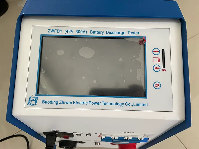 Front view of a smart portable battery discharge tester