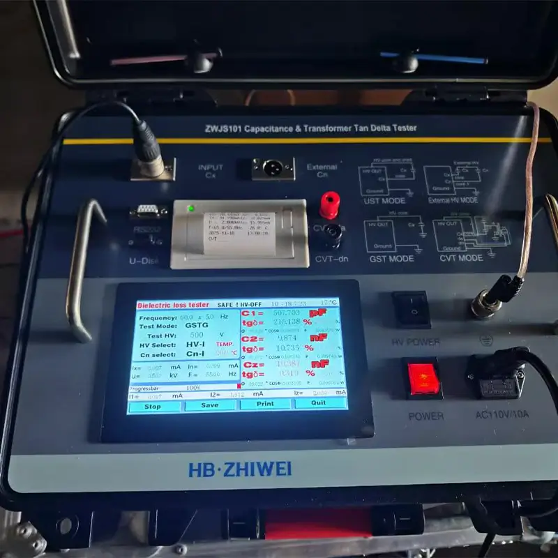 Engineer performing dielectric loss test on substation equipment using the ZWJS101
