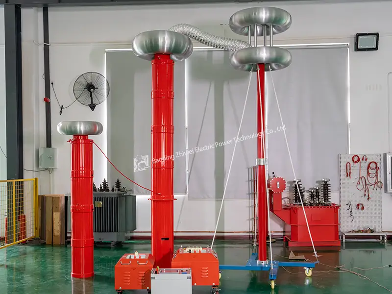 High capacity AC resonant test system configured for GIS and transformer testing in a laboratory.